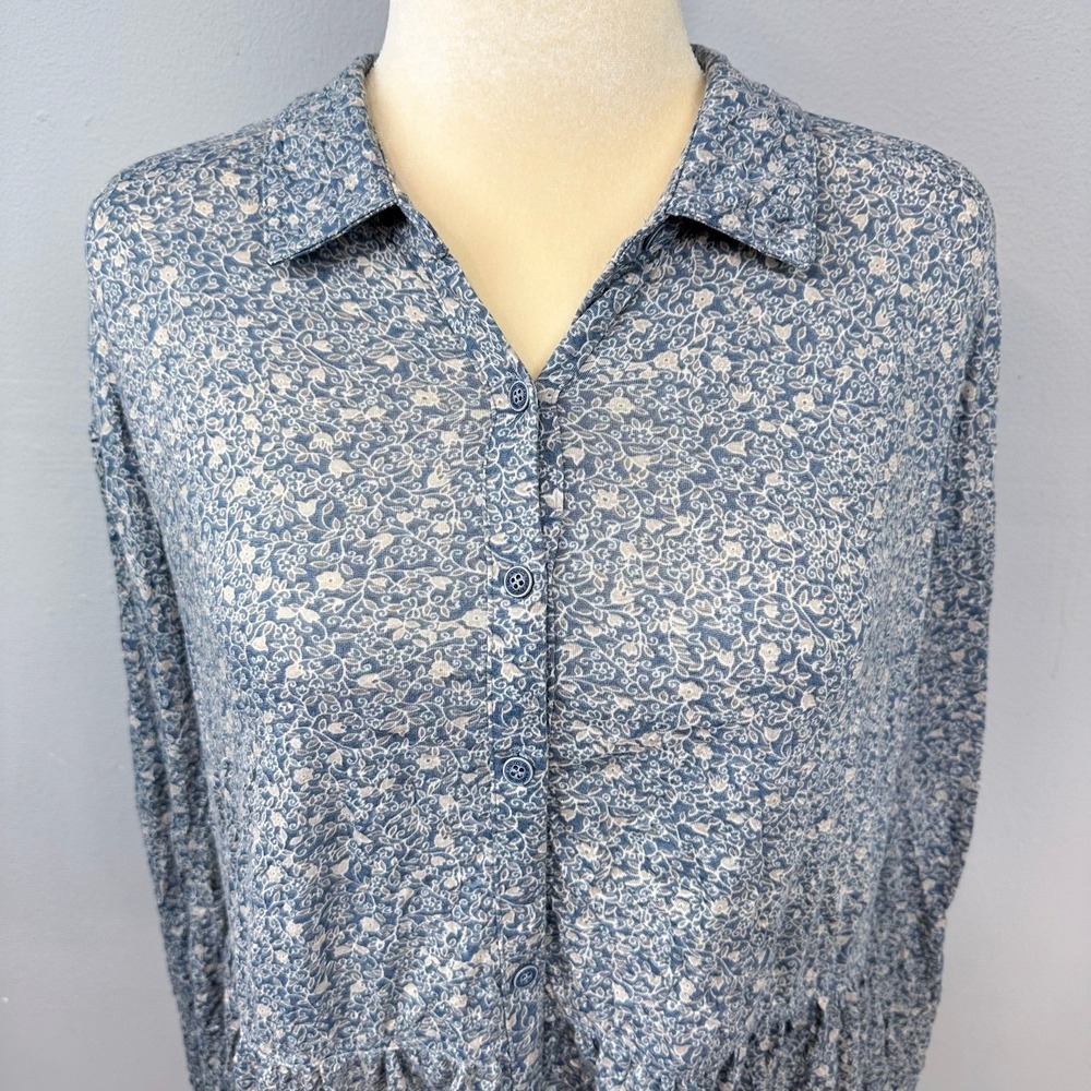 Frye Long Sleeve‎ Top Sz L Monica Floral Boho Dusky Blue Babydoll Crinkle Tunic - Picture 4 of 12